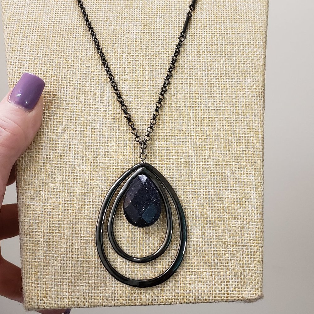 Sonoma, NWT, Semi Precious, extra long gun metal chain blue pendant necklace